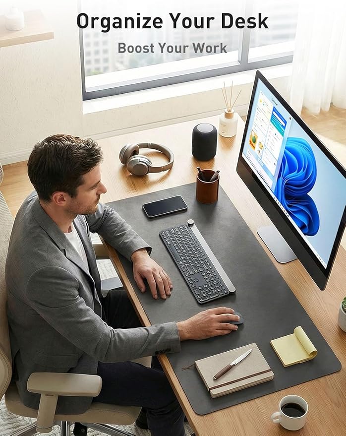 Aothia Faux Leather Desk Mat - Non - Slip PU Leather Desk Blotter, Waterproof Writing Surface, Large Desk Pad for Office & Home (Grey, 55" x 17") | Desk Pads Blotters - TrueDesk