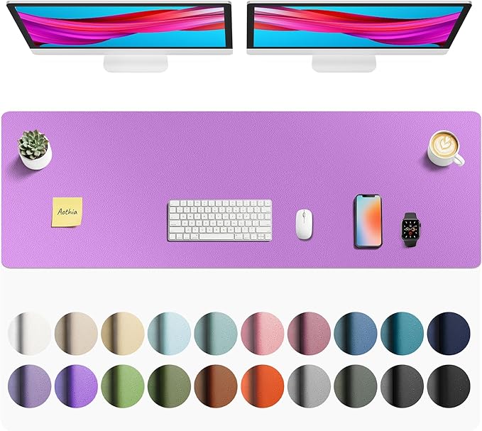 Aothia Faux Leather Desk Mat - Non - Slip PU Leather Desk Blotter, Waterproof Writing Surface, Large Desk Pad for Office & Home (Iris Violet, 55" x 17") | Desk Pads Blotters - TrueDesk