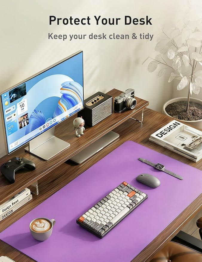 Aothia Faux Leather Desk Mat - Non - Slip PU Leather Desk Blotter, Waterproof Writing Surface, Large Desk Pad for Office & Home (Iris Violet, 55" x 17") | Desk Pads Blotters - TrueDesk