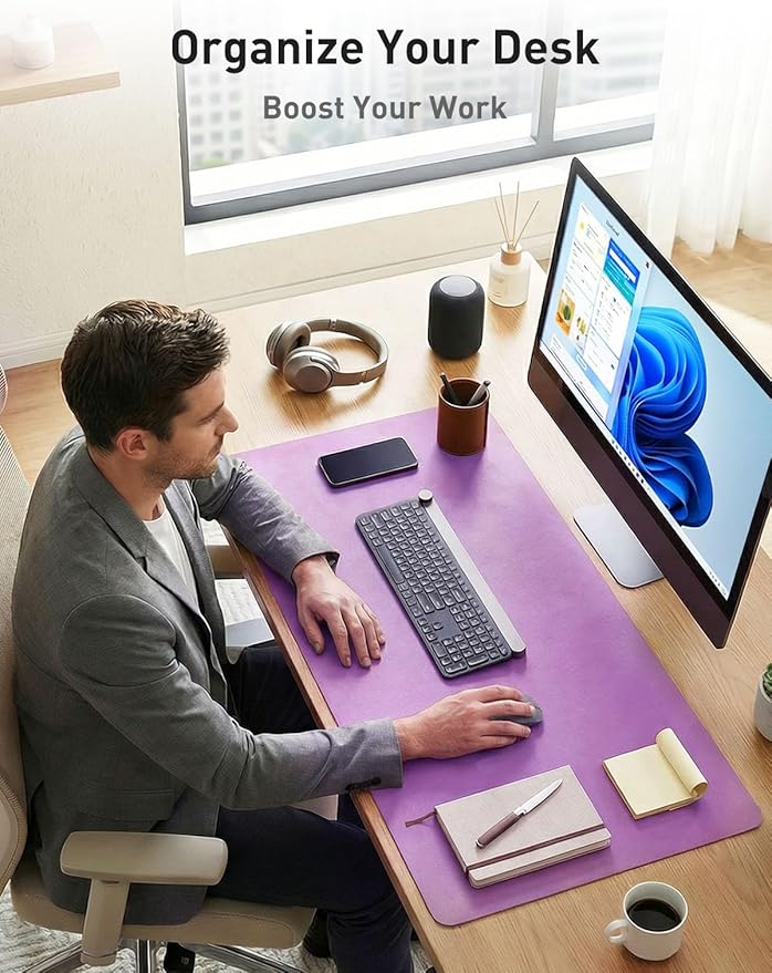 Aothia Faux Leather Desk Mat - Non - Slip PU Leather Desk Blotter, Waterproof Writing Surface, Large Desk Pad for Office & Home (Iris Violet, 55" x 24") | Desk Pads Blotters - TrueDesk