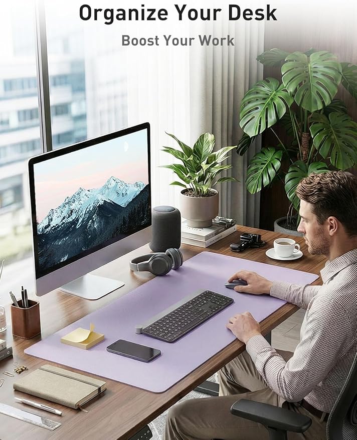 Aothia Faux Leather Desk Mat - Non - Slip PU Leather Desk Blotter, Waterproof Writing Surface, Large Desk Pad for Office & Home (Lavender, 55" x 17") | Desk Pads Blotters - TrueDesk