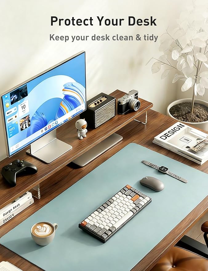 Aothia Faux Leather Desk Mat - Non - Slip PU Leather Desk Blotter, Waterproof Writing Surface, Large Desk Pad for Office & Home (Light Blue, 55" x 17") | Desk Pads Blotters - TrueDesk