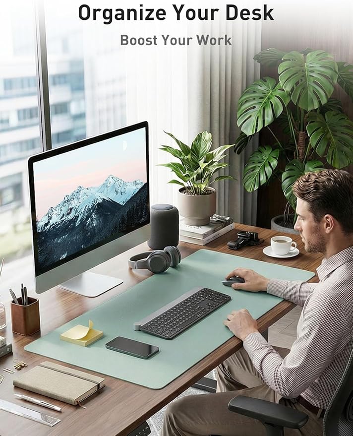 Aothia Faux Leather Desk Mat - Non - Slip PU Leather Desk Blotter, Waterproof Writing Surface, Large Desk Pad for Office & Home (Light Blue, 55" x 17") | Desk Pads Blotters - TrueDesk