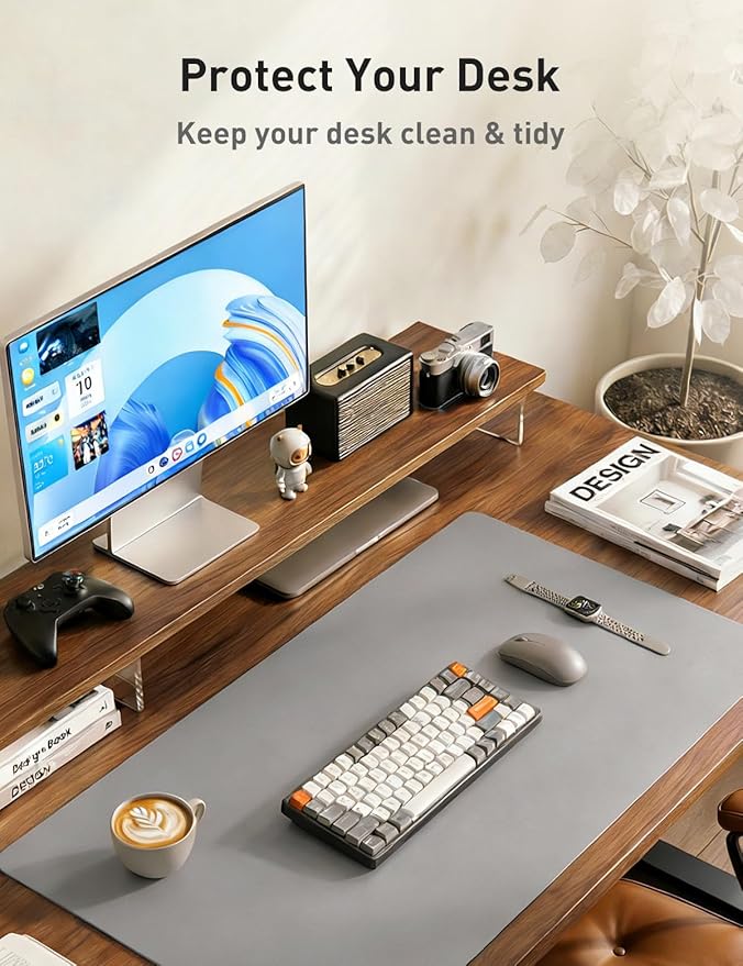 Aothia Faux Leather Desk Mat - Non - Slip PU Leather Desk Blotter, Waterproof Writing Surface, Large Desk Pad for Office & Home (Light Grey, 55" x 17") | Desk Pads Blotters - TrueDesk