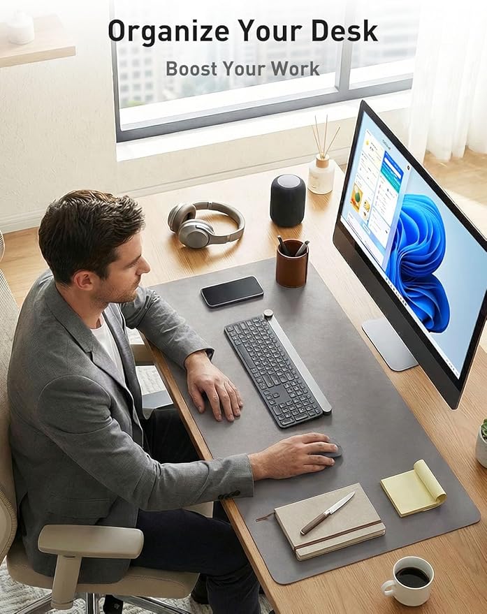 Aothia Faux Leather Desk Mat - Non - Slip PU Leather Desk Blotter, Waterproof Writing Surface, Large Desk Pad for Office & Home (Light Grey, 55" x 17") | Desk Pads Blotters - TrueDesk