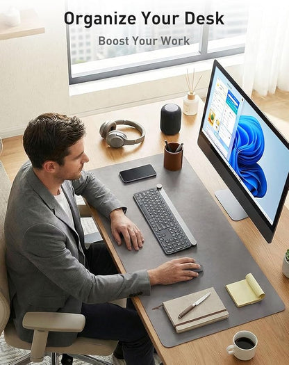 Aothia Faux Leather Desk Mat - Non - Slip PU Leather Desk Blotter, Waterproof Writing Surface, Large Desk Pad for Office & Home (Light Grey, 55" x 17") | Desk Pads Blotters - TrueDesk