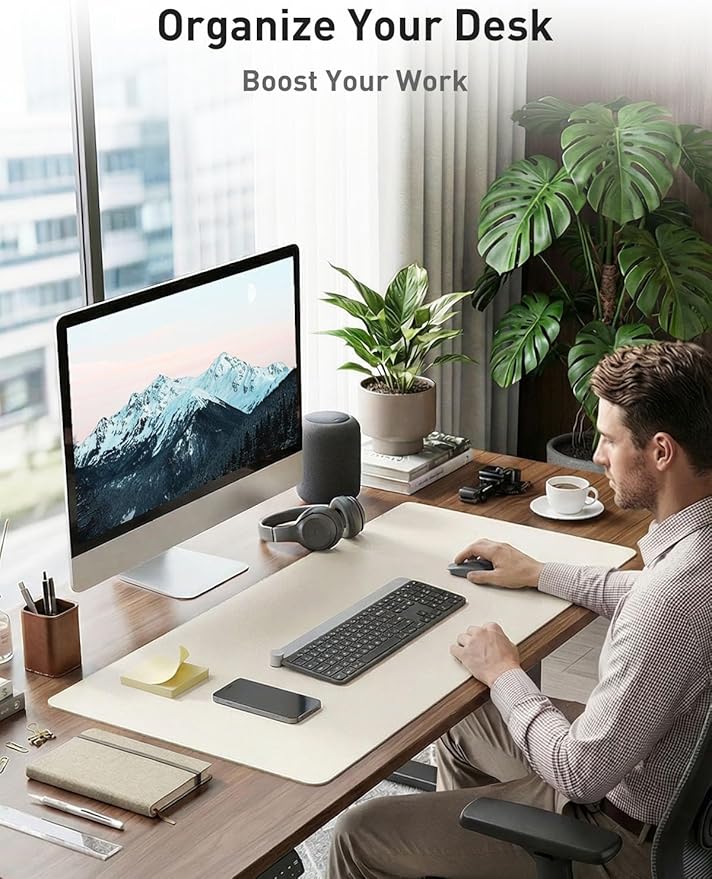 Aothia Faux Leather Desk Mat - Non - Slip PU Leather Desk Blotter, Waterproof Writing Surface, Large Desk Pad for Office & Home (Off - White, 55" x 17") | Desk Pads Blotters - TrueDesk