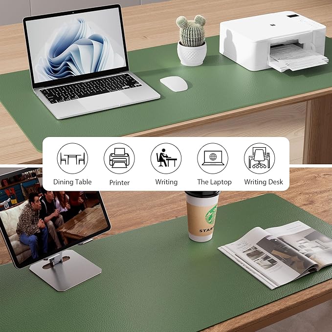 Aothia Faux Leather Desk Mat - Non - Slip PU Leather Desk Blotter, Waterproof Writing Surface, Large Desk Pad for Office & Home (Olive Green, 55" x 17") | Desk Pads Blotters - TrueDesk