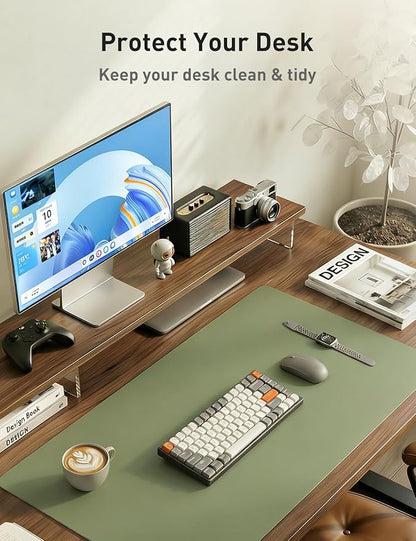 Aothia Faux Leather Desk Mat - Non - Slip PU Leather Desk Blotter, Waterproof Writing Surface, Large Desk Pad for Office & Home (Olive Green, 55" x 17") | Desk Pads Blotters - TrueDesk