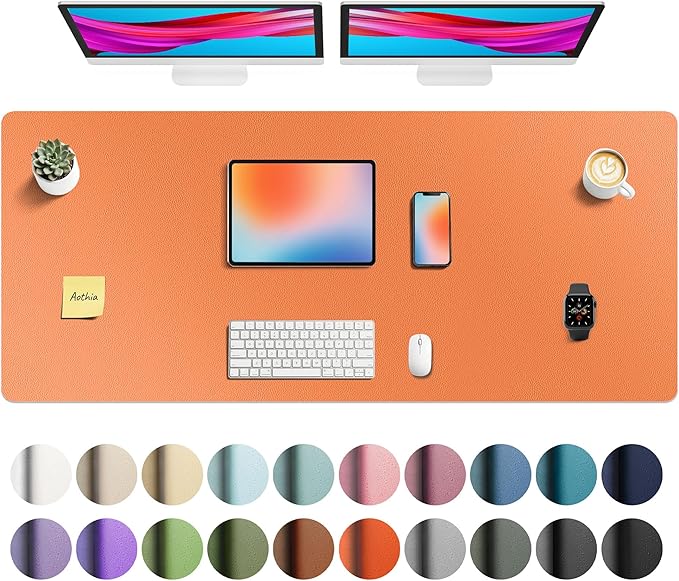 Aothia Faux Leather Desk Mat - Non - Slip PU Leather Desk Blotter, Waterproof Writing Surface, Large Desk Pad for Office & Home (Orange, 55" x 24") | Desk Pads Blotters - TrueDesk