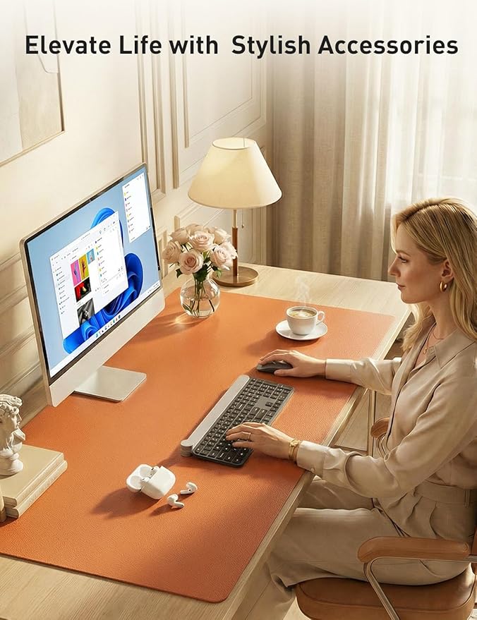 Aothia Faux Leather Desk Mat - Non - Slip PU Leather Desk Blotter, Waterproof Writing Surface, Large Desk Pad for Office & Home (Orange, 55" x 24") | Desk Pads Blotters - TrueDesk