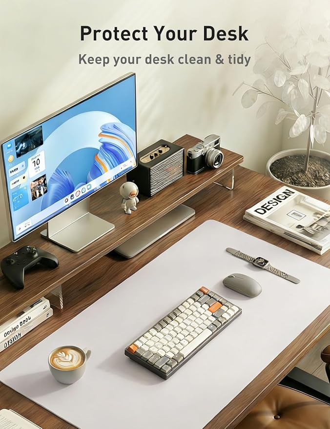 Aothia Faux Leather Desk Mat - Non - Slip PU Leather Desk Blotter, Waterproof Writing Surface, Large Desk Pad for Office & Home (Pale Lavender White, 55" x 17") | Desk Pads Blotters - TrueDesk