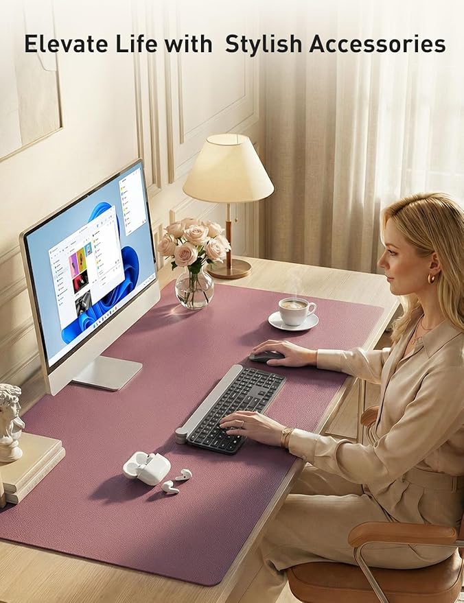 Aothia Faux Leather Desk Mat - Non - Slip PU Leather Desk Blotter, Waterproof Writing Surface, Large Desk Pad for Office & Home (Purple, 55" x 24") | Desk Pads Blotters - TrueDesk