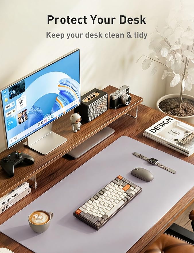 Aothia Faux Leather Desk Mat - Non - Slip PU Leather Desk Blotter, Waterproof Writing Surface, Large Desk Pad for Office & Home (Smoky Lavender, 55" x 17") | Desk Pads Blotters - TrueDesk