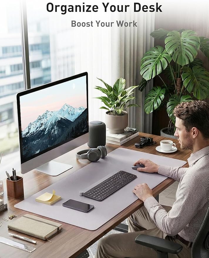 Aothia Faux Leather Desk Mat - Non - Slip PU Leather Desk Blotter, Waterproof Writing Surface, Large Desk Pad for Office & Home (Smoky Lavender, 55" x 17") | Desk Pads Blotters - TrueDesk