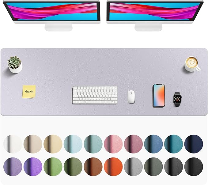 Aothia Faux Leather Desk Mat - Non - Slip PU Leather Desk Blotter, Waterproof Writing Surface, Large Desk Pad for Office & Home (Smoky Lavender, 55" x 17") | Desk Pads Blotters - TrueDesk