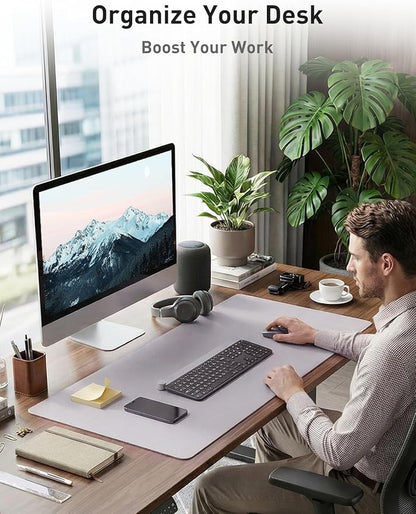 Aothia Faux Leather Desk Mat - Non - Slip PU Leather Desk Blotter, Waterproof Writing Surface, Large Desk Pad for Office & Home (Smoky Lavender, 55" x 24") | Desk Pads Blotters - TrueDesk