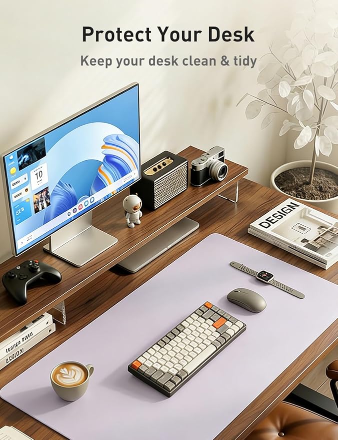 Aothia Faux Leather Desk Mat - Non - Slip PU Leather Desk Blotter, Waterproof Writing Surface, Large Desk Pad for Office & Home (Soft Lavender, 55" x 17") | Desk Pads Blotters - TrueDesk