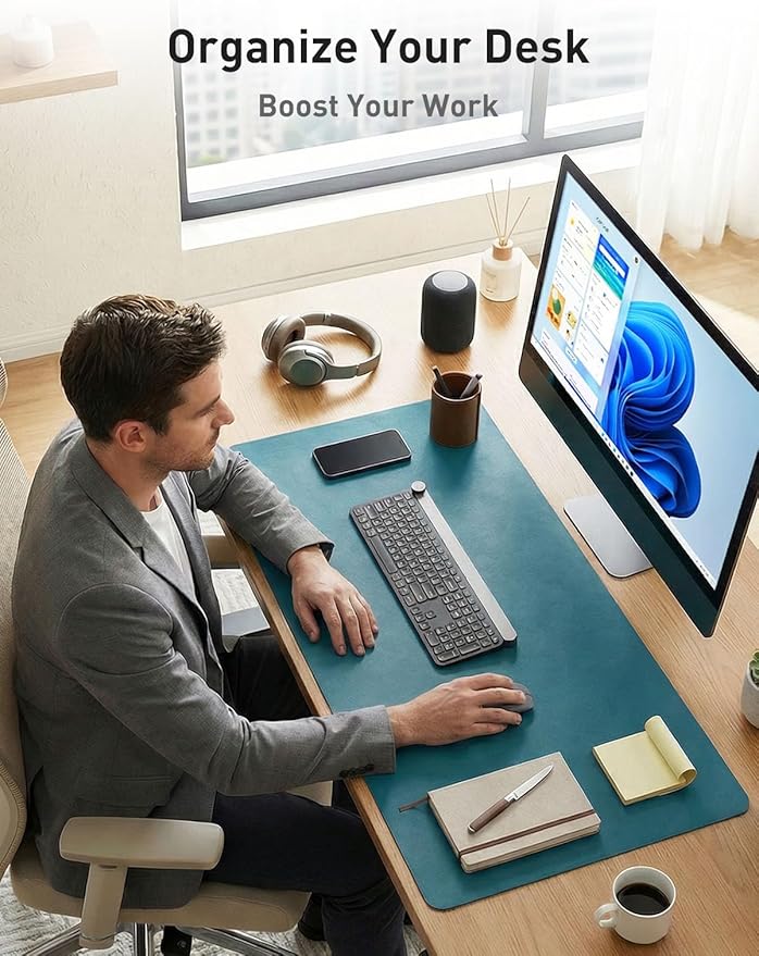 Aothia Faux Leather Desk Mat - Non - Slip PU Leather Desk Blotter, Waterproof Writing Surface, Large Desk Pad for Office & Home (Turquoise, 55" x 17") | Desk Pads Blotters - TrueDesk
