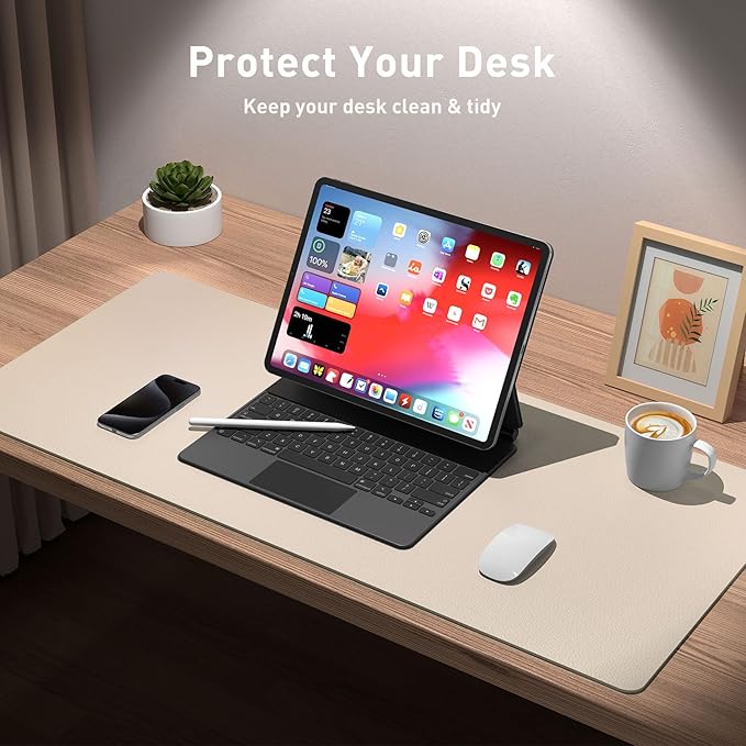 Aothia Large PU Leather Desk Pad Protector – Non - Slip Mouse Pad & Writing Mat for Office/Home, Waterproof, Easy to Clean (36" x 17", Eggshell) | Desk Pads Blotters - TrueDesk