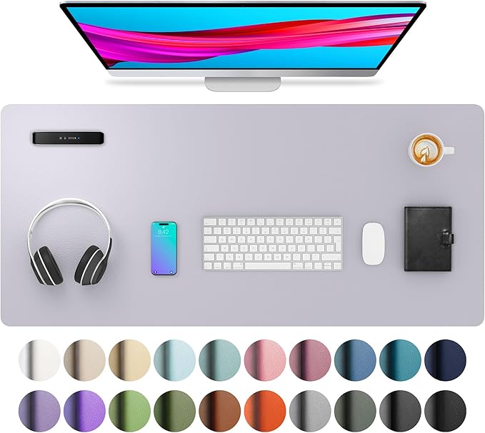 Aothia Large PU Leather Desk Pad Protector - Non - Slip Mouse Pad & Writing Mat for Office/Home, Waterproof, Easy to Clean (36" x 17", Smoky Lavender) | Desk Pads Blotters - TrueDesk