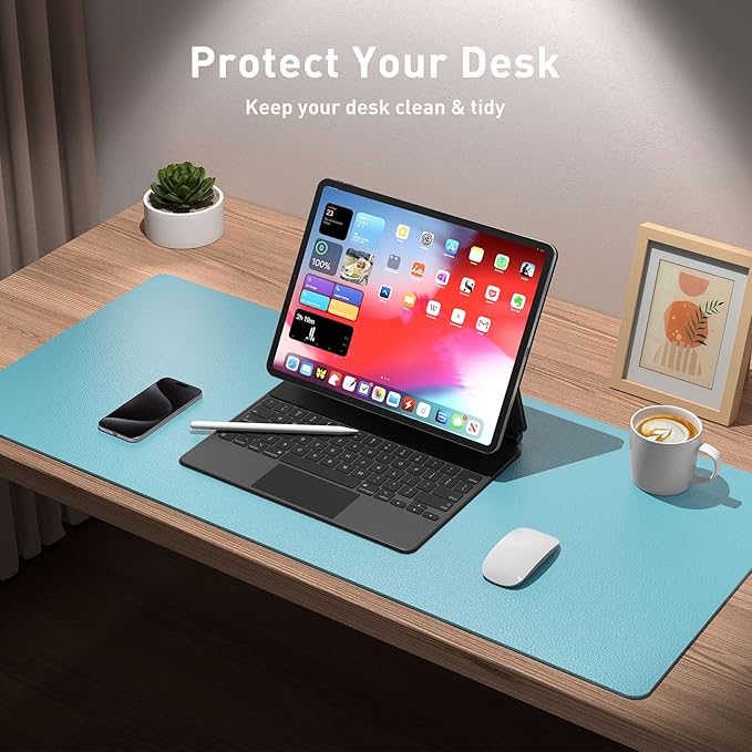 Aothia Large PU Leather Desk Pad Protector – Non - Slip Mouse Pad & Writing Mat for Office/Home, Waterproof, Easy to Clean (48" x 17", Blue Topaz) | Mouse Pads - TrueDesk