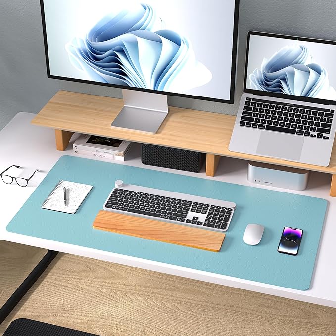 Aothia Large PU Leather Desk Pad Protector – Non - Slip Mouse Pad & Writing Mat for Office/Home, Waterproof, Easy to Clean(23.6" x 13.7", Blue Topaz) | Mouse Pads - TrueDesk