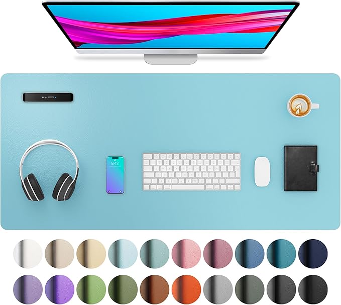Aothia Large PU Leather Desk Pad Protector – Non - Slip Mouse Pad & Writing Mat for Office/Home, Waterproof, Easy to Clean(36" x 17", Blue Topaz) | Desk Pads Blotters - TrueDesk