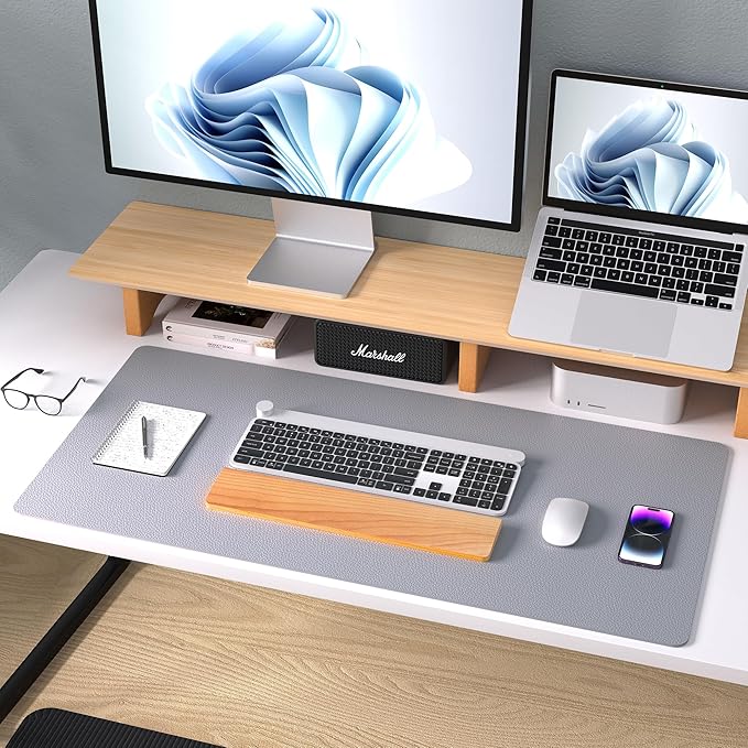 Aothia Leather Desk Pad Protector, Mouse Pad, Office Desk Mat, Non - Slip PU Leather Desk Blotter, Laptop Desk Pad, Waterproof Desk Writing Pad for Office and Home (23.6" x 13.7", Light Grey) | Mouse Pads - TrueDesk