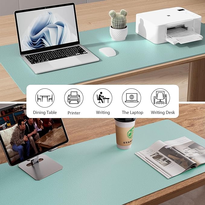 Aothia Leather Desk Pad Protector, Mouse Pad, Office Desk Mat, Non - Slip PU Leather Desk Blotter, Laptop Desk Pad, Waterproof Desk Writing Pad for Office and Home (23.6" x 13.7", Light Blue) | Mouse Pads - TrueDesk