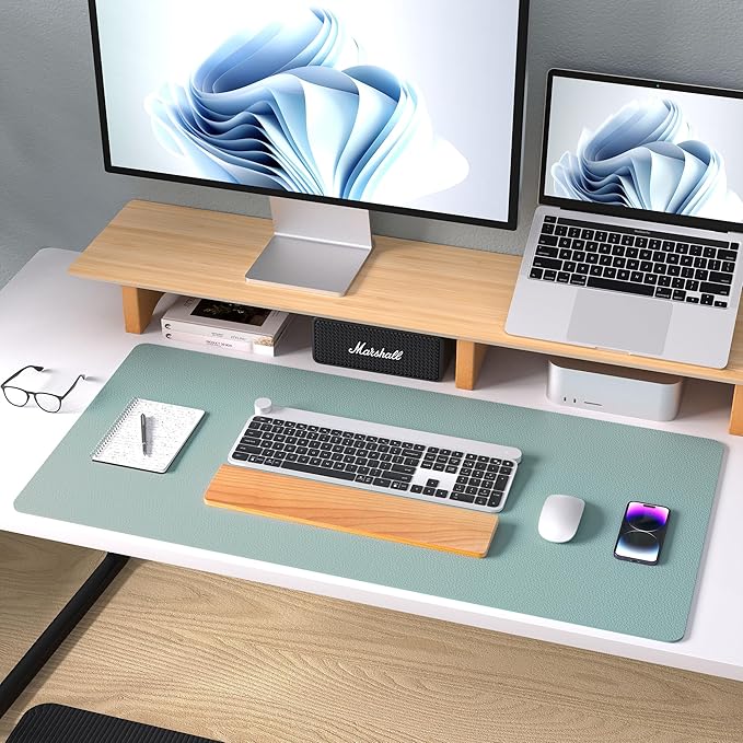 Aothia Leather Desk Pad Protector, Mouse Pad, Office Desk Mat, Non - Slip PU Leather Desk Blotter, Laptop Desk Pad, Waterproof Desk Writing Pad for Office and Home (23.6" x 13.7", Light Blue) | Mouse Pads - TrueDesk