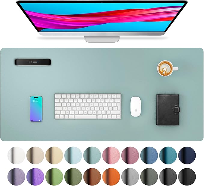 Aothia Leather Desk Pad Protector, Mouse Pad, Office Desk Mat, Non - Slip PU Leather Desk Blotter, Laptop Desk Pad, Waterproof Desk Writing Pad for Office and Home (23.6" x 13.7", Light Blue) | Mouse Pads - TrueDesk