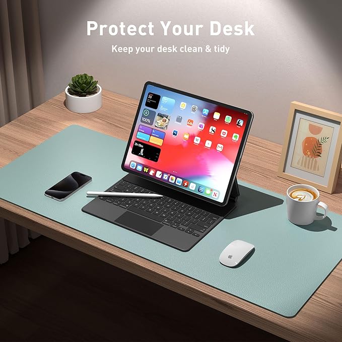 Aothia Leather Desk Pad Protector, Mouse Pad, Office Desk Mat, Non - Slip PU Leather Desk Blotter, Laptop Desk Pad, Waterproof Desk Writing Pad for Office and Home (23.6" x 13.7", Light Blue) | Mouse Pads - TrueDesk