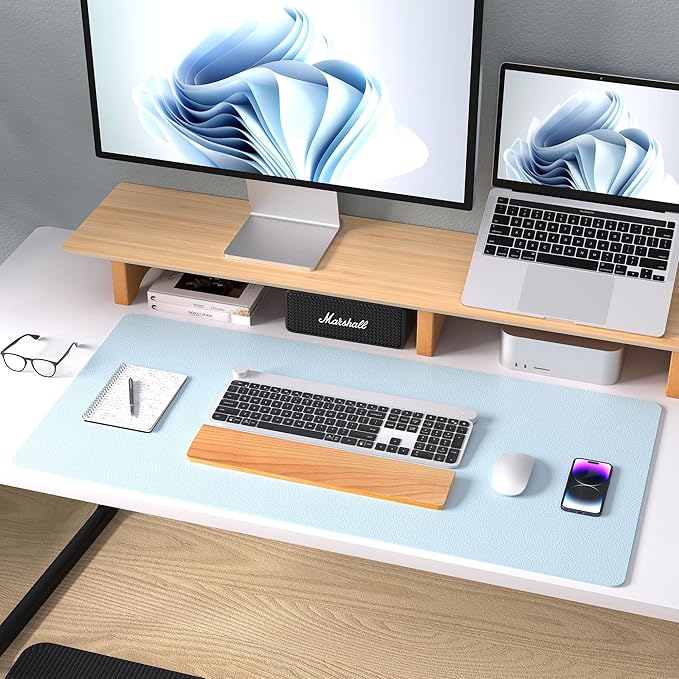 Aothia Leather Desk Pad Protector, Mouse Pad, Office Desk Mat, Non - Slip PU Leather Desk Blotter, Laptop Desk Pad, Waterproof Desk Writing Pad for Office and Home (23.6" x 13.7", Baby Blue) | Mouse Pads - TrueDesk