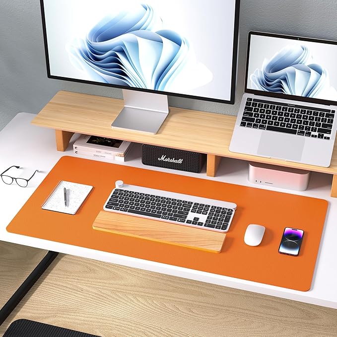 Aothia Leather Desk Pad Protector, Mouse Pad, Office Desk Mat, Non - Slip PU Leather Desk Blotter, Laptop Desk Pad, Waterproof Desk Writing Pad for Office and Home (31.5" x 15.7",Hermes Orange) | Mouse Pads - TrueDesk