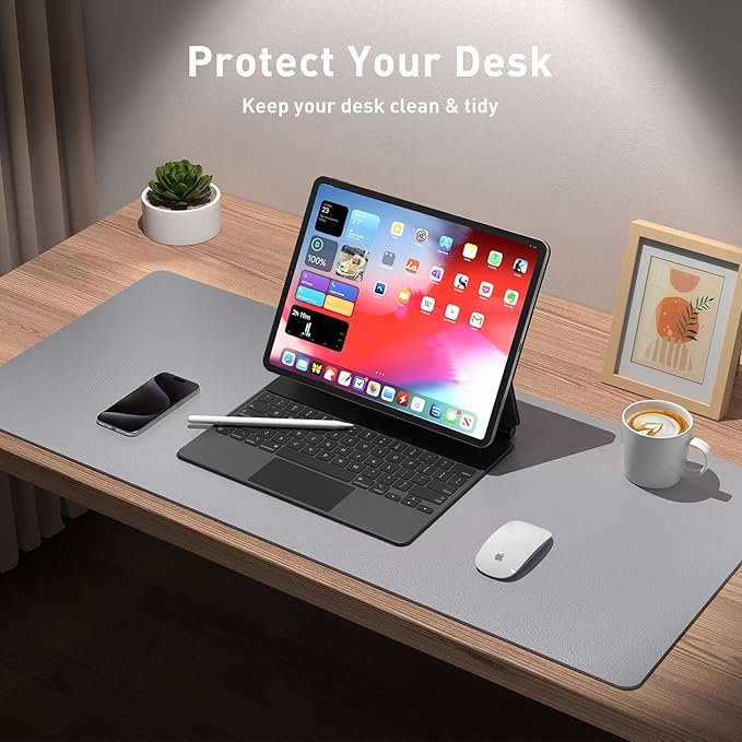 Aothia Leather Desk Pad Protector, Mouse Pad, Office Desk Mat, Non - Slip PU Leather Desk Blotter, Laptop Desk Pad, Waterproof Desk Writing Pad for Office and Home (31.5" x 15.7", Light Grey) | Mouse Pads - TrueDesk