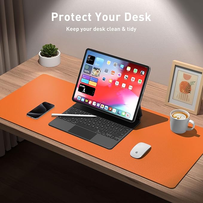 Aothia Leather Desk Pad Protector, Mouse Pad, Office Desk Mat, Non - Slip PU Leather Desk Blotter, Laptop Desk Pad, Waterproof Desk Writing Pad for Office and Home (31.5" x 15.7",Hermes Orange) | Mouse Pads - TrueDesk