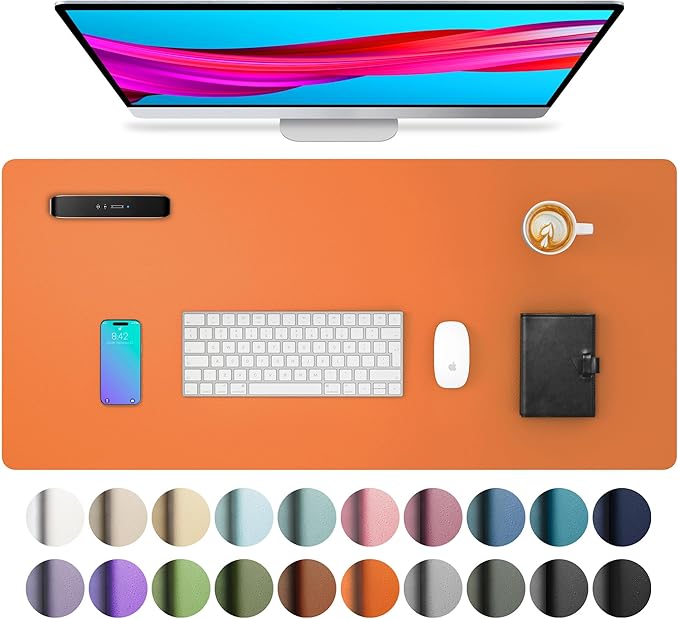 Aothia Leather Desk Pad Protector, Mouse Pad, Office Desk Mat, Non - Slip PU Leather Desk Blotter, Laptop Desk Pad, Waterproof Desk Writing Pad for Office and Home (31.5" x 15.7",Hermes Orange) | Mouse Pads - TrueDesk