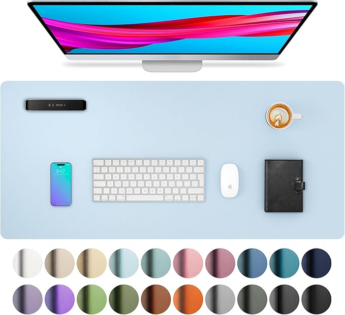 Aothia Leather Desk Pad Protector, Mouse Pad, Office Desk Mat, Non - Slip PU Leather Desk Blotter, Laptop Desk Pad, Waterproof Desk Writing Pad for Office and Home (31.5" x 15.7",Baby Blue) | Mouse Pads - TrueDesk