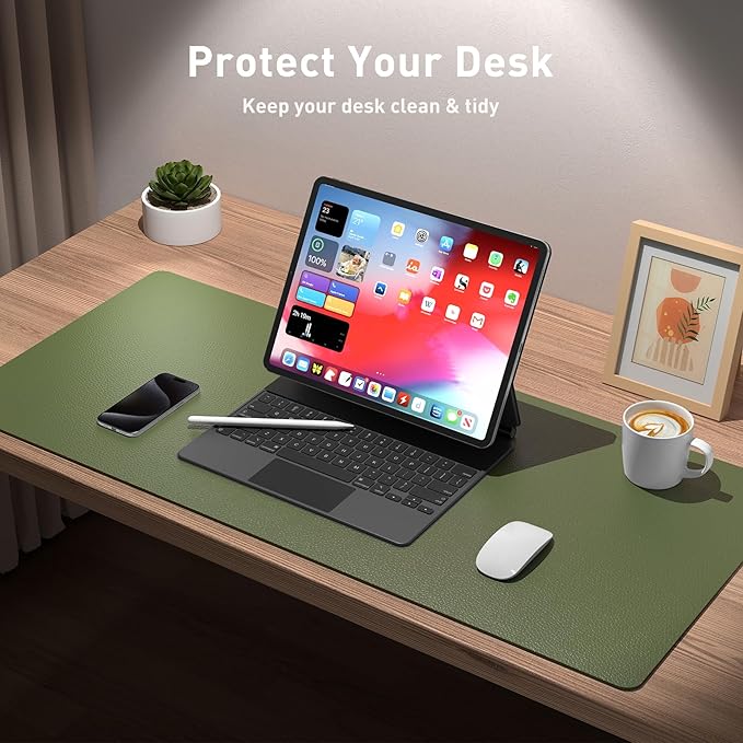 Aothia Leather Desk Pad Protector, Mouse Pad, Office Desk Mat, Non - Slip PU Leather Desk Blotter, Laptop Desk Pad, Waterproof Desk Writing Pad for Office and Home (36" x 17", Olive Green) | Mouse Pads - TrueDesk