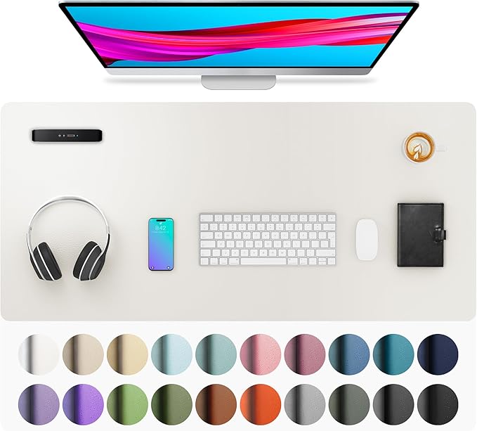 Aothia Leather Desk Pad Protector, Mouse Pad, Office Desk Mat, Non - Slip PU Leather Desk Blotter, Laptop Desk Pad, Waterproof Desk Writing Pad for Office and Home (36" x 17", Off - White) | Mouse Pads - TrueDesk