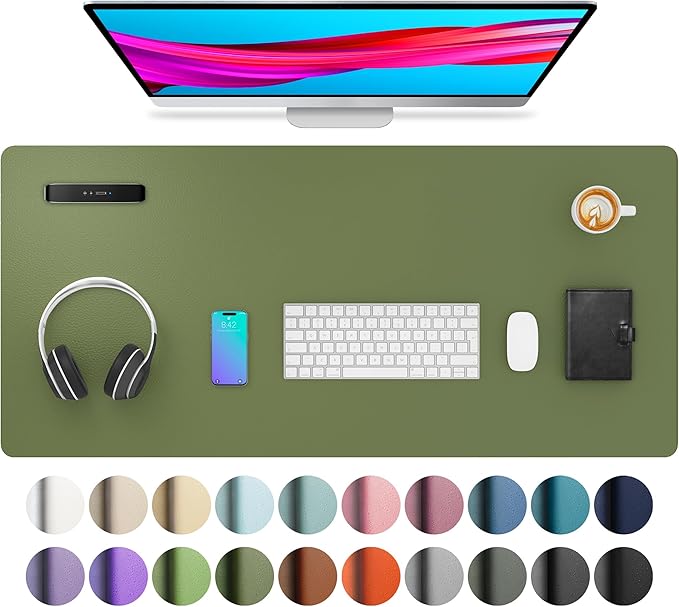 Aothia Leather Desk Pad Protector, Mouse Pad, Office Desk Mat, Non - Slip PU Leather Desk Blotter, Laptop Desk Pad, Waterproof Desk Writing Pad for Office and Home (36" x 17", Olive Green) | Mouse Pads - TrueDesk