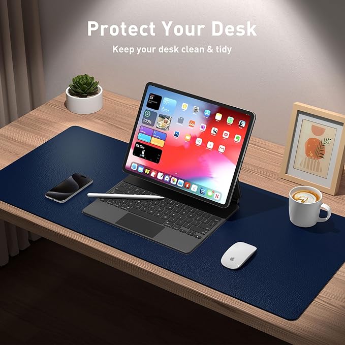 Aothia Leather Desk Pad Protector, Mouse Pad, Office Desk Mat, Non - Slip PU Leather Desk Blotter, Laptop Desk Pad, Waterproof Desk Writing Pad for Office and Home (48"x17", Dark Blue) | Mouse Pads - TrueDesk