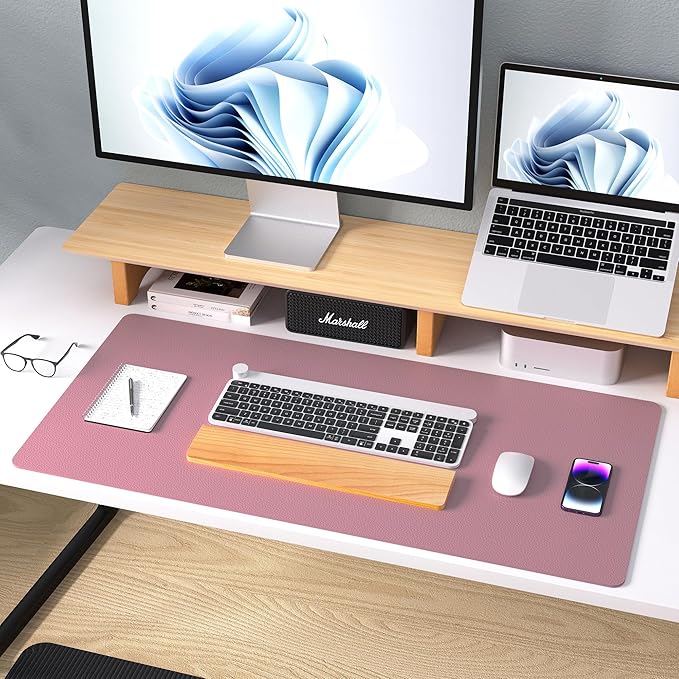 Aothia Leather Desk Pad Protector, Mouse Pad, Office Desk Mat, Non - Slip PU Leather Desk Blotter, Laptop Desk Pad, Waterproof Desk Writing Pad for Office and Home (48"x17", Dark Pink) | Mouse Pads - TrueDesk