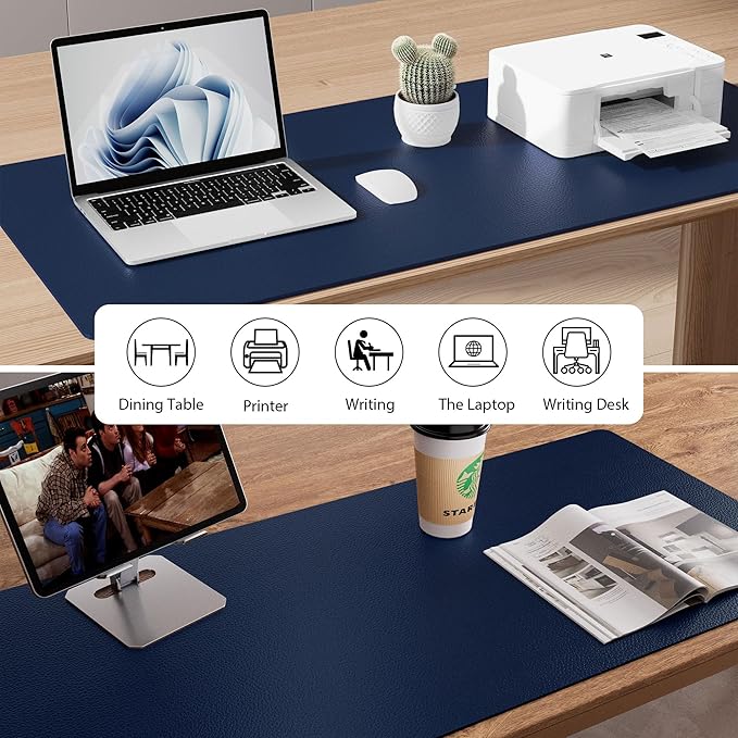 Aothia Leather Desk Pad Protector, Mouse Pad, Office Desk Mat, Non - Slip PU Leather Desk Blotter, Laptop Desk Pad, Waterproof Desk Writing Pad for Office and Home (48"x17", Dark Blue) | Mouse Pads - TrueDesk