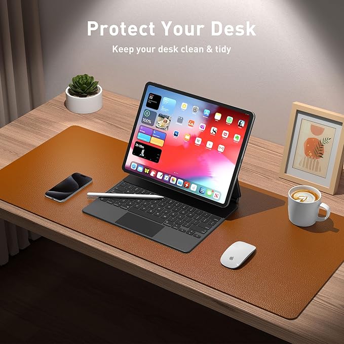 Aothia Leather Desk Pad Protector, Mouse Pad, Office Desk Mat, Non - Slip PU Leather Desk Blotter, Laptop Desk Pad, Waterproof Desk Writing Pad for Office and Home (48"x17",Brown) | Mouse Pads - TrueDesk