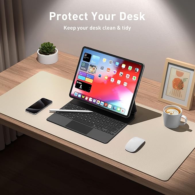 Aothia Leather Desk Pad Protector, Mouse Pad, Office Desk Mat, Non - Slip PU Leather Desk Blotter, Laptop Desk Pad, Waterproof Desk Writing Pad for Office and Home (Beige, 36" x 17") | Mouse Pads - TrueDesk