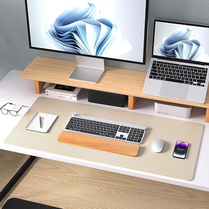 Aothia Leather Desk Pad Protector, Mouse Pad, Office Desk Mat, Non - Slip PU Leather Desk Blotter, Laptop Desk Pad, Waterproof Desk Writing Pad for Office and Home (Beige, 36" x 17") | Mouse Pads - TrueDesk