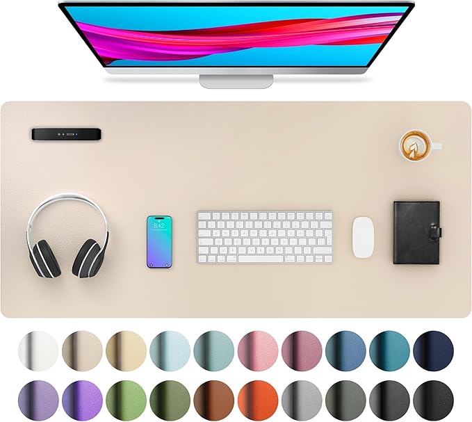 Aothia Leather Desk Pad Protector, Mouse Pad, Office Desk Mat, Non - Slip PU Leather Desk Blotter, Laptop Desk Pad, Waterproof Desk Writing Pad for Office and Home (Beige, 36" x 17") | Mouse Pads - TrueDesk