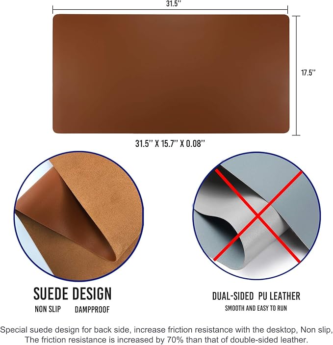 Aothia Leather Desk Pad Protector, Mouse Pad, Office Desk Mat, Non - Slip PU Leather Desk Blotter, Laptop Desk Pad, Waterproof Desk Writing Pad for Office and Home (Brown,31.5" x 15.7") | Mouse Pads - TrueDesk